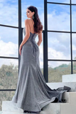 Promfast Sheath Column Sparkly Spaghetti Straps Silver Grey Prom Dress Evening Dress With Split PFP2227