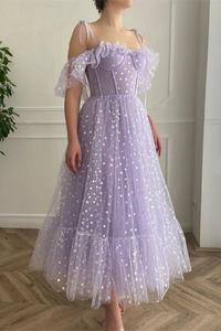 Promfast A line Off the shoulder Tea Length Prom Dress Applique Homecoming Dress PFP2229