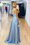 Promfast Sparkly Light Blue A line V neck Prom Dresses With Side Slit, Evening Gown PFP2232