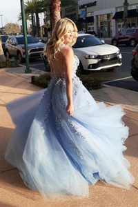 Promfast Sky Blue A Line Elegant Backless Floral Lace Long Prom Dress PFP2234