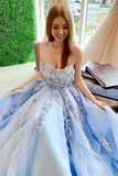 Promfast Sky Blue A Line Elegant Backless Floral Lace Long Prom Dress PFP2234