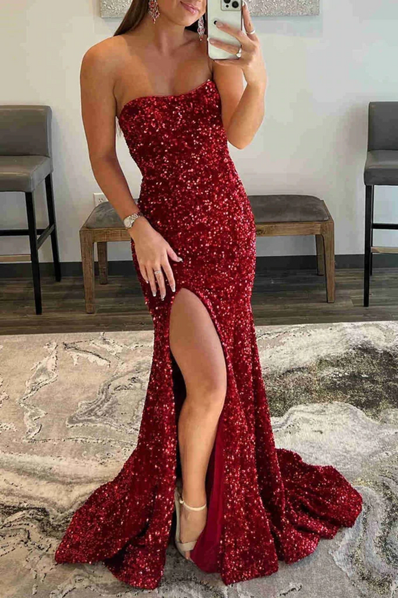 Promfast Burgundy Strapless Mermaid Sequined Long Prom Dress with Slit, Formal Evening Gown PFP2236