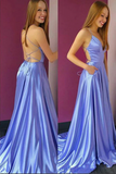 Promfast Simple Satin Lilac A Line V neck Spaghetti Straps Prom Dress with Pockets PFP2238
