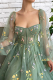 Promfast Light Green Embroidered Tulle Dress Evening Dress Puffy Long Sleeve Prom Dress PFP2240