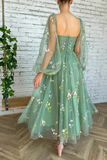 Promfast Light Green Embroidered Tulle Dress Evening Dress Puffy Long Sleeve Prom Dress PFP2240