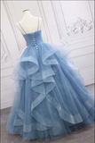 Promfast Shiny Blue Tulle A line Spaghetti Straps Long Prom Dresses, Evening Gown PFP2241