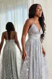 Promfast Silver Tulle Spaghetti Straps V Neck Long Prom Dress With Slit, Evening Gown PFP2243