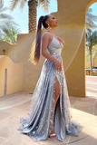 Promfast Silver Tulle Spaghetti Straps V Neck Long Prom Dress With Slit, Evening Gown PFP2243