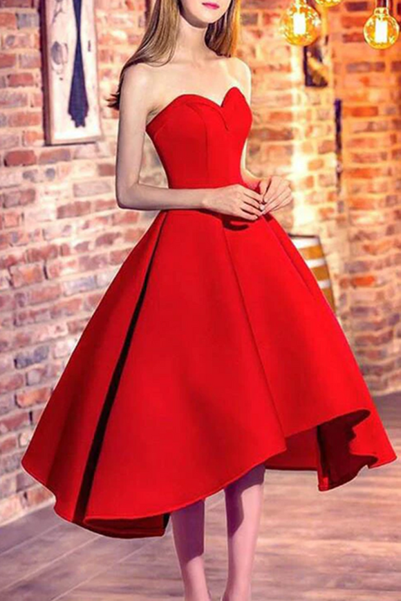 Promfast Chic A line Sweetheart Red Pretty Satin Prom Dress High Low Evening Party Dress PFH0380