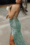 Promfast Silver Sequin Spaghetti Straps Mermaid Long Prom Dresses, Backless Evening Gown PFP2244