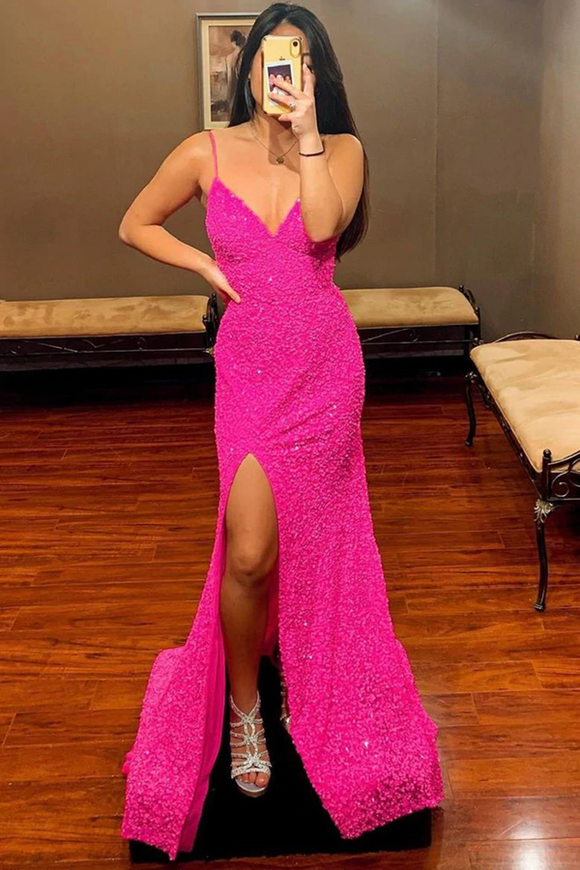 Promfast Straps Hot Pink Sequins Mermaid Long Prom Dress Evening Party Dresses PFP2245
