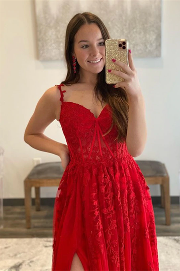 Promfast A Line V Neck Red Lace Long Prom Dresses, Red Lace Long Forma