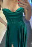 Promfast Elegant Green Satin Long Prom Dress with High Slit Formal Graduation Evening Dress PFP2249