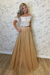 Promfast Two Piece Lace Tulle Prom Dresses With Beaded, Off the Shoulder Evening Gown PFP2250