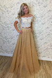 Promfast Two Piece Lace Tulle Prom Dresses With Beaded, Off the Shoulder Evening Gown PFP2250