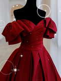 Promfast Burgundy Off Shoulder Satin Long Prom Evening Dress PFP2251