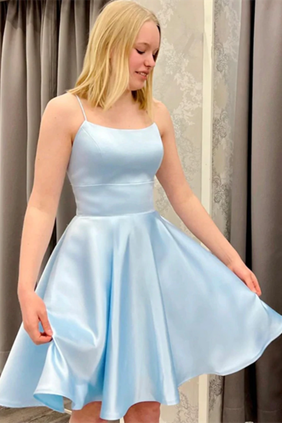 Promfast Short Backless Sky Blue Satin Prom Dresses, Light Blue Open B Promfast Short Backless Sky Blue Satin Prom Dresses, Light Blue Open B