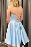 Promfast Short Backless Sky Blue Satin Prom Dresses, Light Blue Open Back Satin Formal Graduation Dresses PFP2253