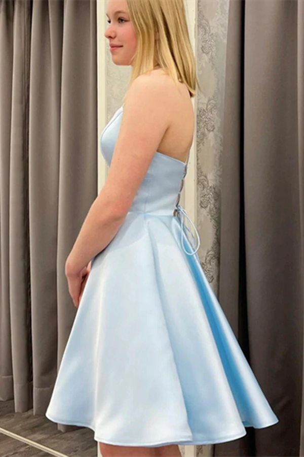 Promfast Short Backless Sky Blue Satin Prom Dresses, Light Blue Open B