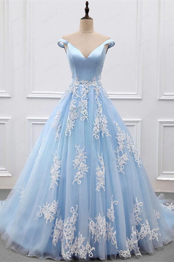 Promfast Chic A line V neck Light Sky Blue Tulle Applique Modest Prom Dress Evening Dress PFP2254