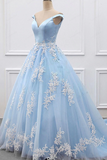 Promfast Chic A line V neck Light Sky Blue Tulle Applique Modest Prom Dress Evening Dress PFP2254