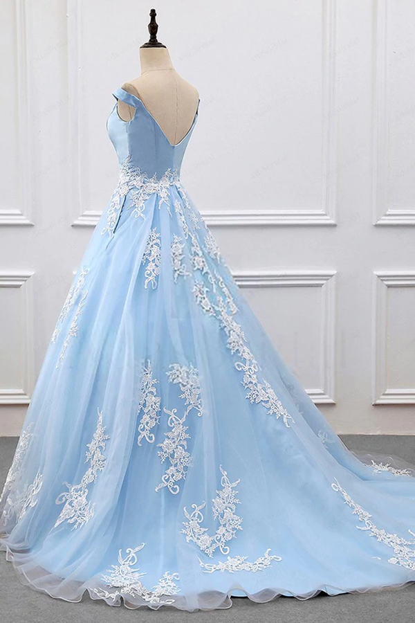 Promfast Chic A line V neck Light Sky Blue Tulle Applique Modest Prom Promfast Chic A line V neck Light Sky Blue Tulle Applique Modest Prom