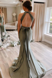 Promfast Gray Green Satin Mermaid Bridesmaid Dresses With Sweep Train PFB0165