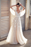 Promfast Ivory V Neck Beach Wedding Dresses with Lace Appliques PFW0619