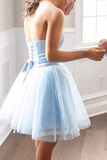 Promfast Light Blue Strapless A Line Lace up Short Homecoming Dress PFH0382