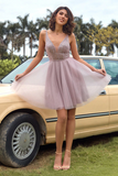Promfast V Neck Open Back Grey Sequin Short Prom Homcoming Dress PFH0383