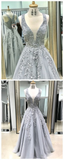 Promfast Chic A line Straps Lace Prom Dresses Silver Applique Long Prom Dress Evening Dress PFP2256