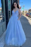 Promfast Twinkly A Line Sky Blue Tulle Long Prom Dress, Party Gown for Sale PFP2260