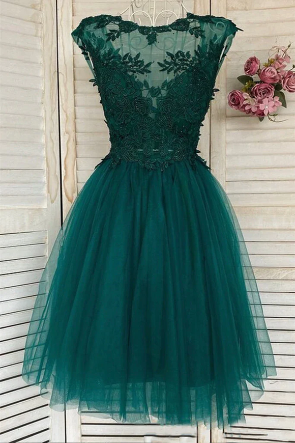 Promfast Round Neck Green Lace Short Prom Homecoming Formal Graduation Evening Dress PFH0384