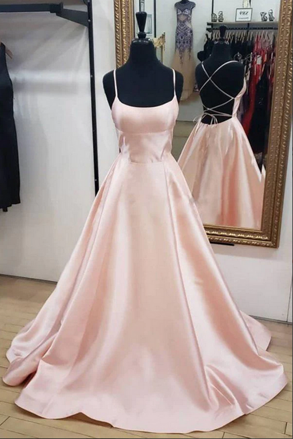 Promfast Blush Pink Simple Satin A line Spaghetti Straps Cross Back Prom Dress with Pockets PFP2261