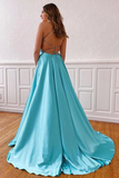 Promfast V neck Sleeveless Split Tiffany Blue Cross Back Prom Evening Dress PFP2265
