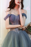 Promfast Gray Blue Tulle A line Sweetheart Neck Long Prom Dresses, Evening Dresses PFP2269