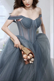 Promfast Gray Blue Tulle A line Sweetheart Neck Long Prom Dresses, Evening Dresses PFP2269