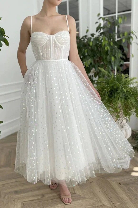 Promfast Sweetheart Neck Tulle Ivory Prom Dresses, Tea Length Evening Dresses PFP2270