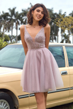 Promfast V Neck Open Back Blush Pink Sequin Short Prom Homcoming Dress PFH0387