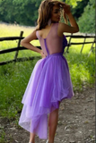 Promfast Purple Tulle A line High Low Hand Made Flowers Short Homecoming Dresses PFH0389