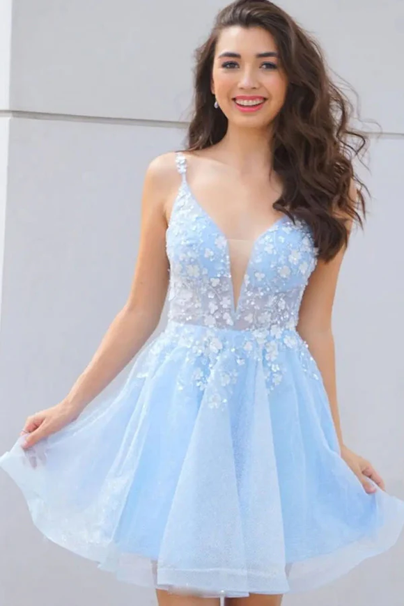Promfast Cute V Neck Light Blue Lace Floral Short Prom Homecoming Dresses PFH0391
