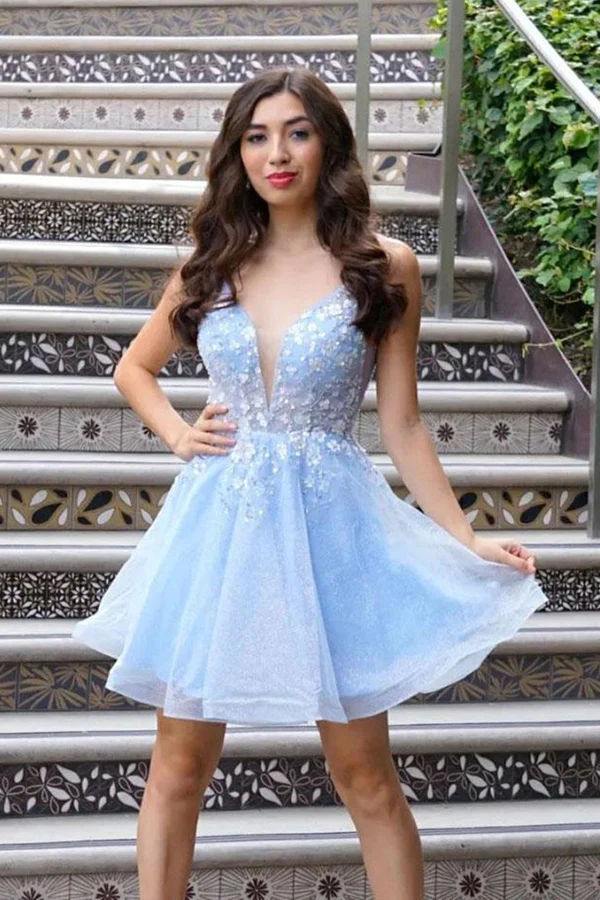 Blue Short Prom Light Blue Lace Homecoming Dress Cute Blue Lace