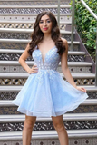 Promfast Cute V Neck Light Blue Lace Floral Short Prom Homecoming Dresses PFH0391