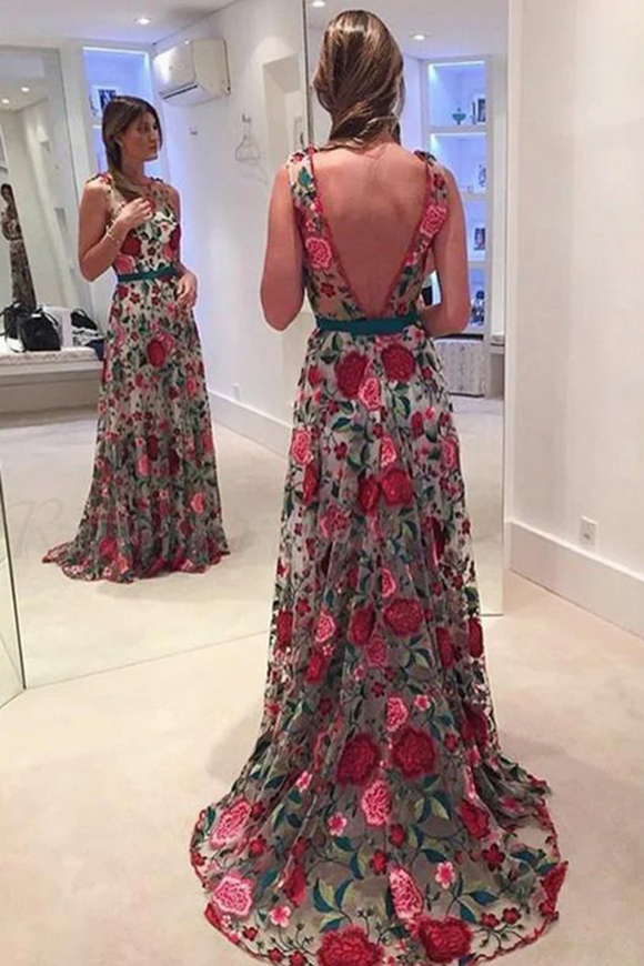 Promfast Fabulous Scoop A line Lace Rose Floral Embroidery Long Prom Dresses PFP2271