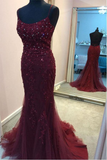 Promfast Straps Mermaid Burgundy Beaded Long Prom Dress Evening Dress PFP2272