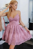 Promfast Pink Tulle A line V neck Lace Spaghetti Straps Short Homecoming Dresses PFH0394