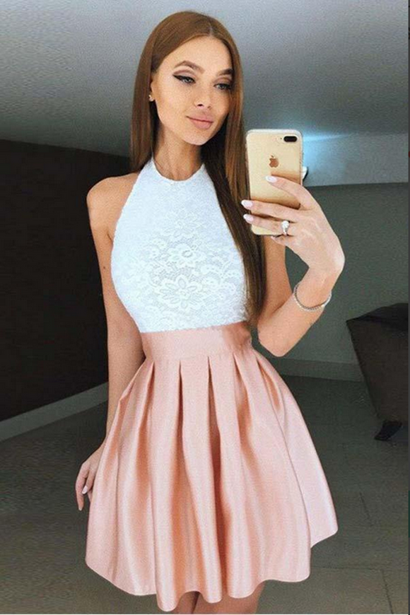 Promfast Pink Pleated Lace Bodice High Neck Backless Short Homecoming Dresses PFH0397