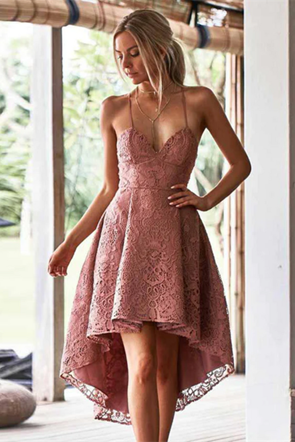 Promfast A Line Spaghetti Straps High Low Blush Lace Short Prom Dress Homecoming Dress PFH0398
