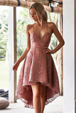 Promfast A Line Spaghetti Straps High Low Blush Lace Short Prom Dress Homecoming Dress PFH0398