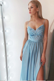 Promfast Simple A Line Spaghetti Straps Blue Chiffon Long Prom Dresses with Slit PFP2273
